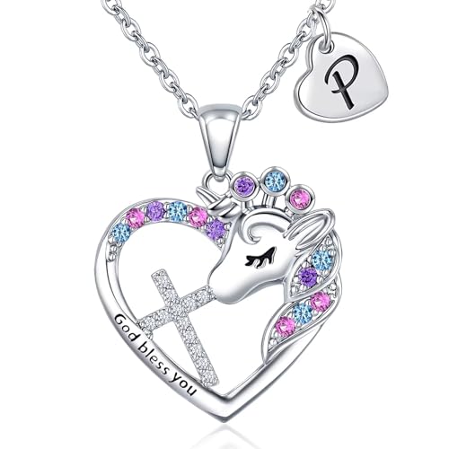 Easter Basket Stuffers - Easter Gifts for Girls Kids,Cross Unicorn Necklaces with Initial for Teen Girls Kids Daughter Granddaughter Birthday Christian Religious Gifts 16+3 Inches - style: P