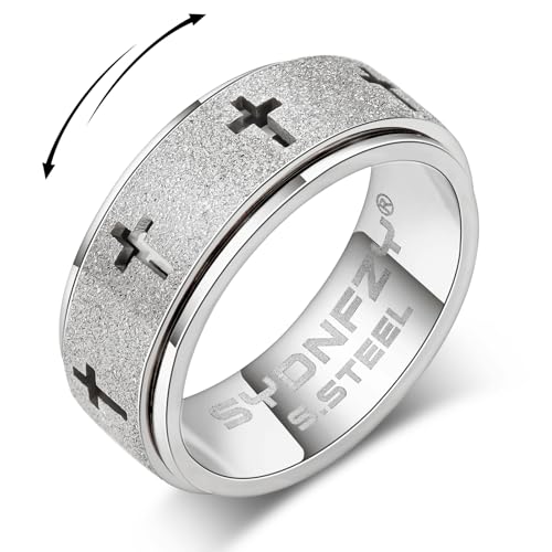 Anxiety Spinner Ring for Men - Stainless Steel Fidget Spinner Ring, Band Cross Thumb Roating Rings for Stress Relief 8mm Anxiety Relieve Fidget Toys for Adults Ring Size 6 7 8 9 10 11 - color: Silver