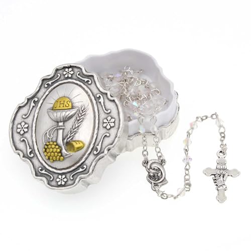 Catholic Rosary Beads with Metal Keepsake Gift Box Set - color: Communion Crystal