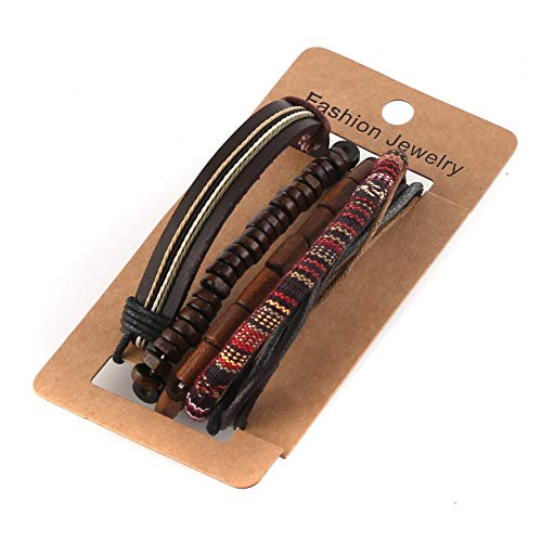 HZMAN Handmade Hemp Cords Wood Beads Leather Bracelets for Men Women - style: Classic Style
