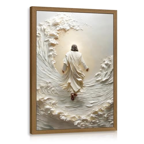 INJOLLY Wood Framed Jesus Walking on Water Wall Art 16x24 in - color: Walk, size: 24"L x 16"W
