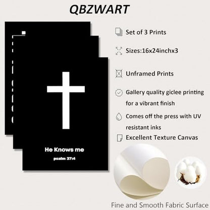 QBZWART Christian Jesus Wall Art, Black White God Canvas, Religious Bible Verse Poster, Modern Cross Painting, Scripture Prints for Bedroom, 16x24 Inch Unframed, Set of 3 - color: Christian Jesus Wall Art, size: 16x24Inch