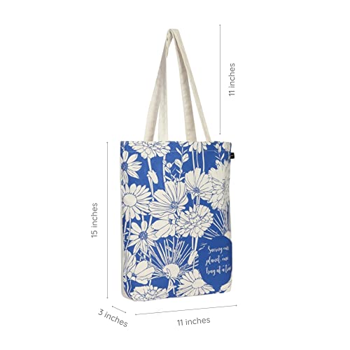 Ecoright Tote Bag for Women with Zipper, Small Tote Bag, Canvas Bag, Reusable Cotton Bag for Beach, Grocery, School & Work - color: Flowers