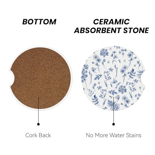 Vintage Blue Flower Car Coasters for Cup Holder Absorbent Ceramic Cup Coaster 2 Pack Anti Slip Car Interior Accessories with Finger Notch Cork Base for Women Men 2.56" - color: Vintage Blue Flower