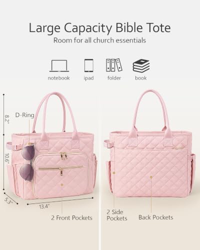 Large Bible Bag with Bible Cover Case for Women, Quilted Bible Tote Bag - color: Light Pink