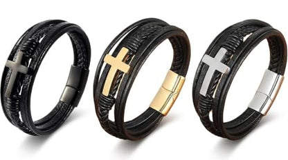 Stainless Steel Braided Leather Bracelet for Men Cuff Bangle Cross - color: 3 Colors