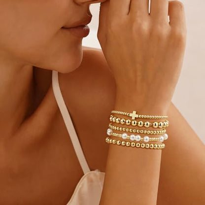 Gold Bracelets for Women Jewelry - Easter Basket Stuffers, Cross/Pearl/Beaded Bracelets Set, Dainty 14K Gold Plated Beaded Bracelets Stack, Birthday Easter Gifts for Women - color: 1Cross+3Bead+1Pearl