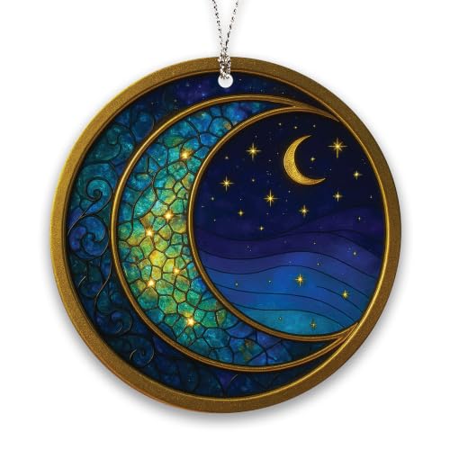 Crescent Moon and Stars Ornament – Night Sky Window Decor – Celestial Suncatcher | Starry Night Card – Christmas Suncatcher Effect Stained Glass Window – Car Hanging - color: Moon
