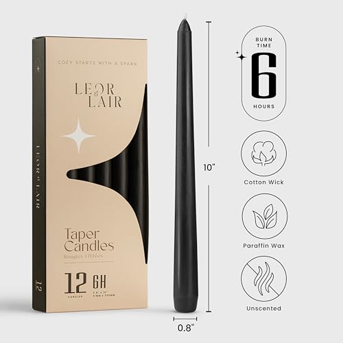 Leor & Lair Black Taper Candles, 12 Pack, 10" Black Candles, Unscented - color: Black