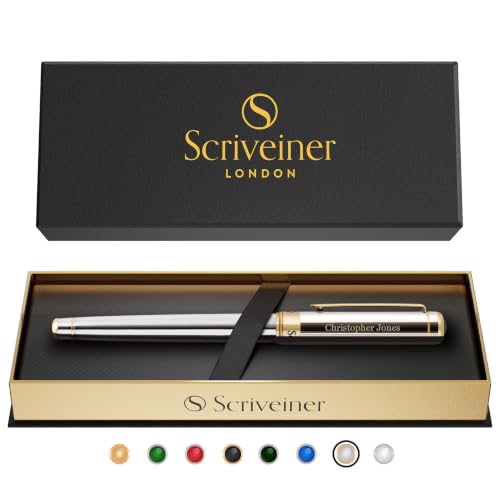Scriveiner Personalized Silver Chrome Rollerball Pen - Stunning Luxury Pen, Real Gold Plating, Schmidt Ink Refill, Best Engraved Roller Ball Gift Set for Men & Women, Custom Name Engraving - color: Silver Chrome (Personalized)