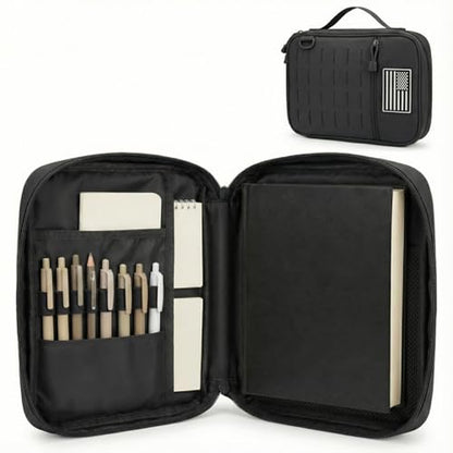 Tactical Bible Cover for Men, Large Bible Case with Shoulder Strap & US Flag Patch, Water Resistant Bible Carrier Bag with Handle, Multi Pockets for Church Study & Travel（Black） - color: Black