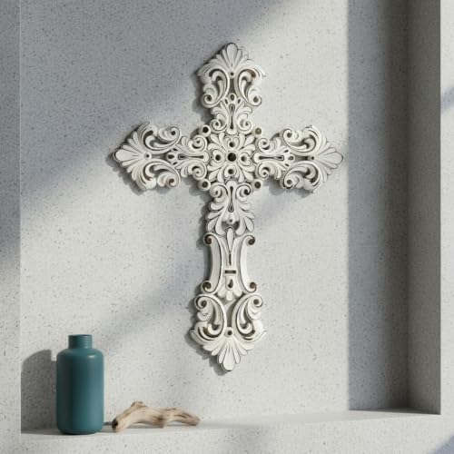 Comfy Hour 12 Inch Cross Wall Decor, White Floral Wall Cross