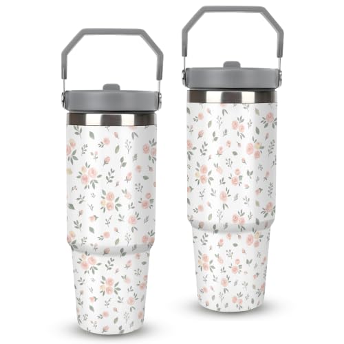 30 oz Floral Travel Mug with Handle and Straw, Aesthetic Rose Flower Stainless Steel Vacuum Insulated Tumbler, Water Bottle, Vintage Gifts for Women - color: floral travel mug