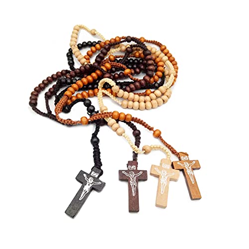 COLORFUL BLING Classic Natural Wood Beads Cross Pendant Necklace for Men Women Religious Rosary Jewelry Handmade Prayer Accessories - color: 4Pcs bead
