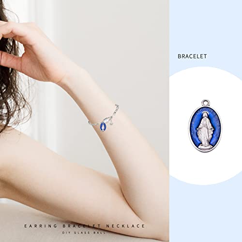 40Pcs Oval Alloy Blue Enamel Catholic Medalla Milagrosa de La Virgen Maria Charm Pendant for Diy Rosary Necklace Mexican Bracelet Jewelry Making