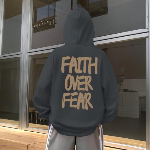 Boys Christian Faith Over Fear Hoodie Kids Jesus Religious Hoodies Inspirational Bible Verse Sweatshirt Pullover top - color: Deep Gray, size: 9-10 Years
