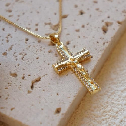 Gold Cross Necklace for Women, 14K Gold Plated - style: Zircon-Framed Crucifix