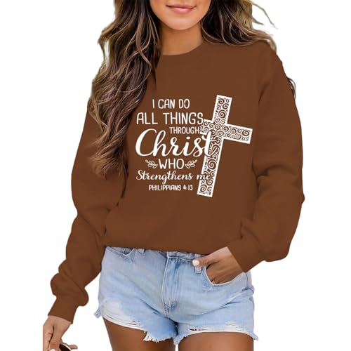 KEEVICI Christian Jesus Sweatshirts For Women Religious Bible Verse Cross Sweatshirt God Hoodie Faith Long Sleeve Shirts - color: Brown, size: Large