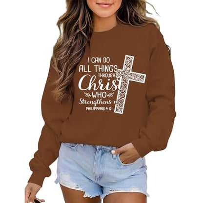 KEEVICI Christian Jesus Sweatshirts For Women Religious Bible Verse Cross Sweatshirt God Hoodie Faith Long Sleeve Shirts - color: Brown, size: Large
