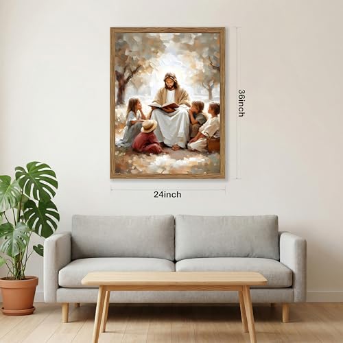Christian Wall Art, Jesus with Children Canvas Painting, Family Faith Inspired Religious Wall Decor, 3D Textured Sandstone Style Wood Framed Artwork for Living Room Prayer Room Bedroom 36x24 Ready to Hang - color: Jesus With Children, size: 36"L x 24"W