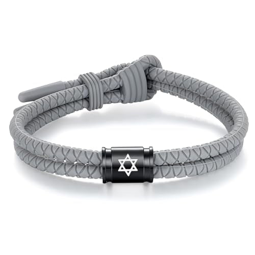 Silicone Christian Cross Braided Rope Bracelets for Men Women - color: Grey with Black Hexagram Bead