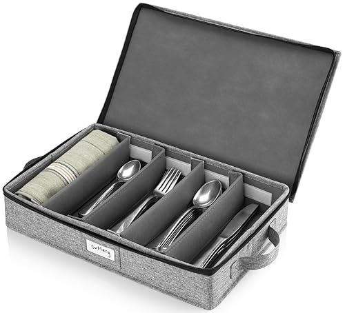 Stack Store Plus More Flatware Storage Case with 5 Adjustable Compartments - Tableware Utensil Chest with Carrying Handles - Protects and Organizes Cutlery and Silverware - Hard Shell and Stackable - style: Silverware Storage