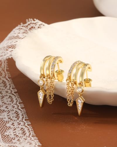 Dangle Earrings for Women Trendy Triple Huggie Hoop Stud Earring - color: C. Spiked Chain