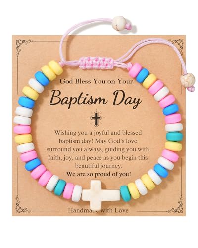 HGDEER Easter Basket Stuffers for Kids, Adjustable Cross Bracelet, Christian Religious Easter Communion Baptism Gifts Jewelry - color: Baptism