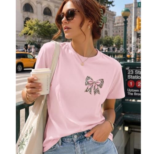 Leopard Bow Shirt Cheetah Bow Shirt Christian Shirts for Women Faith Bible Verse Shirts God Coquette Graphic Tees - color: Pink, size: Large