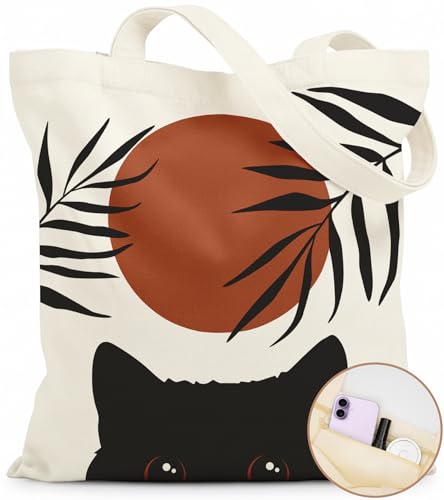 Canvas Tote Bag for Women with Zipper Cute - color: Boho Cat
