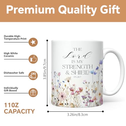Christian Gifts for Women Ceramic Coffee Mug, Religious Gifts, Inspirational Scripture Coffee&Tea Mug, Bible Verse: The Loved is My Strength, Microwave and Dishwasher-safe (White-Little Flower)
