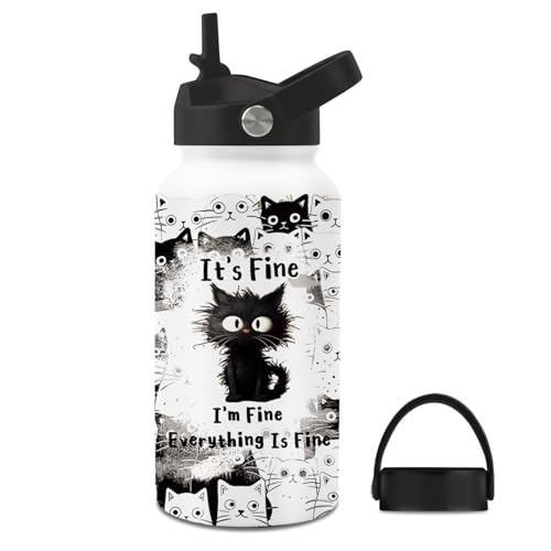 Cat Gifts for Women, 25oz Fine Cat Water Bottle with 2 Lid & Straw - I'm Fine Black Cats Insulated Water Bottles, BPA-free Leakproof Sports Waters Bottle for School Travel, Gift Cup for Cats Lover - color: Fine cat