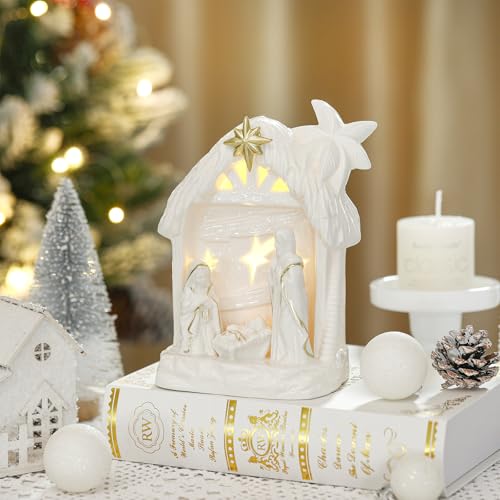 Cindeer Nativity Set for Christmas Indoor,Ceramic Nativity Scene with Light, Porcelain Statue Sculpted Hand Painted Figurine, Holy Family Manger Scene Tabletop Decor Gift (Elegant) - style: Elegant