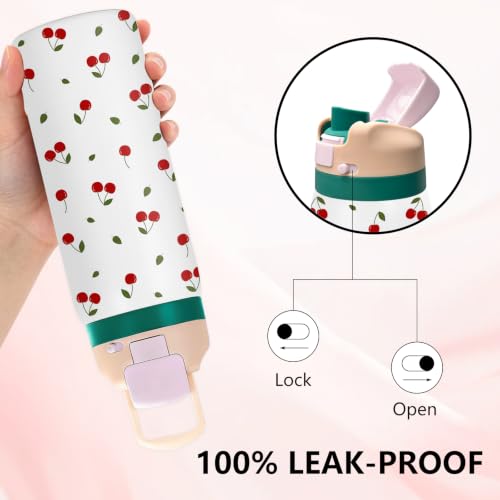 Cherry 32oz Insulated Water Bottle, Women Gift, Handle and 2-in-1 Lid, 1PCS - color: Cherry-White