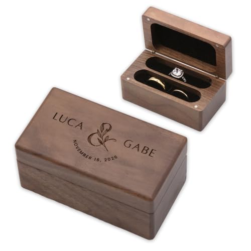 Custom Name & Date Ring Box - Personalized Botanical Walnut Wood Holder - color: Custom &
