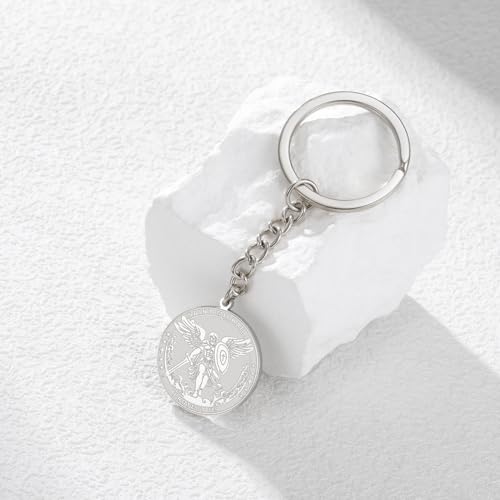 TEAMER Saint Michael Keychain Stainless Steel Religious St. Michael Keychain The Great Protector Archangel Amulet Jewelry - color: Silver