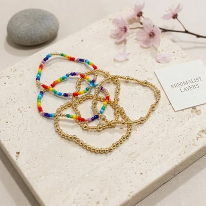 Gold Pearl Beaded Cross Bracelets Stack Set for Women, Boho Handmade Colorful Small Beads Stretchable Jewelry Friendship Summer Trendy Gift. - color: Rainbow