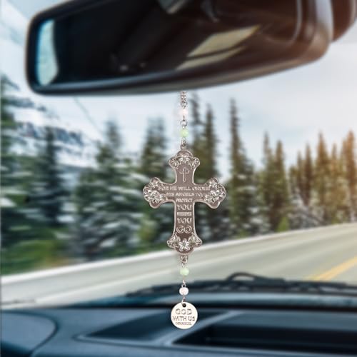 Cross Car Mirror Hanging Christian Gifts for Men Women, Metal Daily Bible Verse Car Rearview Decor Accessories, Christ Ornament Religious Gift for Truck Driver