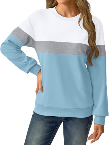 GKBK Womens Sweatshirts Cotton Crew Neck Lightweight Pullover Pocket Tops - color: White Blue, size: Small