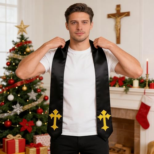 Choir Stole with Cross Embroidery for Church, Ideal for Costume,72" - color: Black