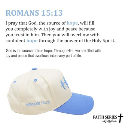 Faith Series 2-Tone Trucker Hat – Christian Faith-Based Cap with Bible Verse Detail - color: Hope | Romans 15:13 | Sky Blue