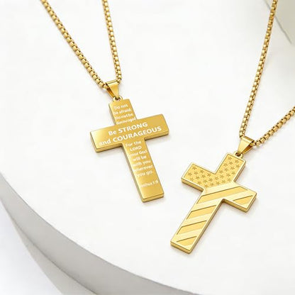 American Flag Cross Necklace for Men, Christian Confirmation Baptism Gifts - color: Gold, style: Joshua 1:9