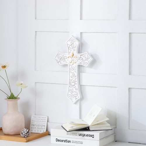 TRENDIN Gold Cross for Wall, Rustic Wooden Cross with Fleur de Lis Decor - color: Gold