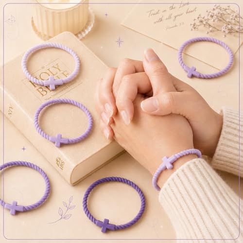 Soaoo 24/60 Pcs Jesus Bracelets Cross Silicone Bracelet Braided Stackable Rubber Wristband Silicone Jewelry Gift for Women Men - color: Purple, size: Cross