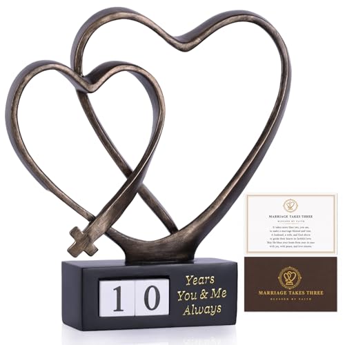 Wedding Anniversary Couples Gift - 1st to 50th or 60th for Wife Parents Husband, Wedding Gift for Couple, Two Hearts Decor and Cross Sculpture with Rotating Year, Printed Poem Card