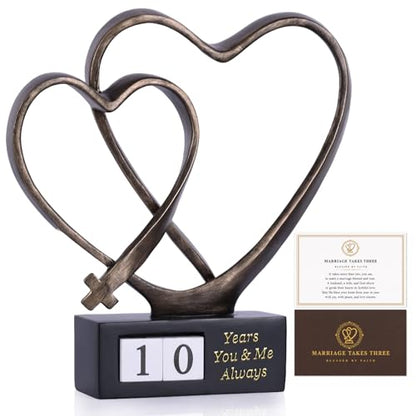 Wedding Anniversary Couples Gift - 1st to 50th or 60th for Wife Parents Husband, Wedding Gift for Couple, Two Hearts Decor and Cross Sculpture with Rotating Year, Printed Poem Card