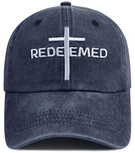 Cross Jesus Hats for Men Women, Adjustable Cotton Embroidered Christian Redeemed Baseball Cap - color: Navy