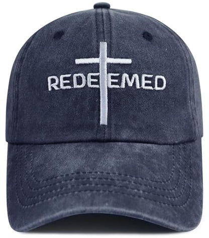 Cross Jesus Hats for Men Women, Adjustable Cotton Embroidered Christian Redeemed Baseball Cap - color: Navy