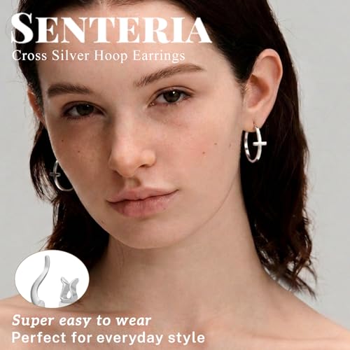 Senteria 3MM 925 Sterling Silver Post Cross Hoops Earrings Hypoallergenic - color: Silver-30MM