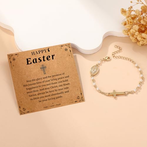 Catholic Bracelets Gifts for Women Girls, Simulated Pearl Rosary Beads Virgin Mary Cross Charm Bracelet Confirmation First Communion Baptism Religious Christian Jewelry Gift - color: Happy Easter Gold